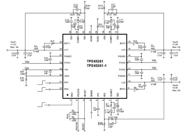 Texas Instruments triple-output synchronous step-down converter Diagram of Texas Instruments triple-output synchronous step-down converter