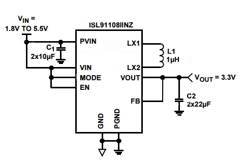 Fixed-output application circuit for Intersil ISL91108 Image of fixed-output application circuit for Intersil ISL91108