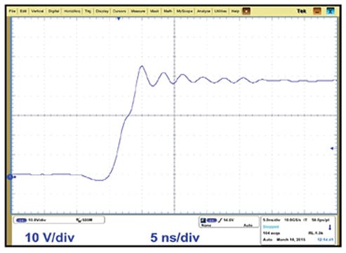 Switching node waveforms of eGaN FET design (VIN = 48 V, VOUT = 12 V, IOUT = 20 A, fsw = 500 kHz). Switching node waveforms of eGaN FET design (VIN = 48 V, VOUT = 12 V, IOUT = 20 A, fsw = 500 kHz).
