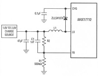 To boost charge efficiency for charge systems between 1.0 and 2.0 V using the Maxim Integrated MAX17710 charger and protector IC, a divider network formed by resistors R1 and R2 allows the voltage on the FB pin to transition properly between FBON and FBOFF. This occurs during the boosting procedure. (Source: Maxim Integrated) To boost charge efficiency for charge systems between 1.0 and 2.0 V using the Maxim Integrated MAX17710 charger and protector IC, a divider network formed by resistors R1 and R2 allows the voltage on the FB pin to transition properly between FBON and FBOFF. This occurs during the boosting procedure. (Source: Maxim Integrated)