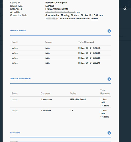 Device summary screen showing recent events and sensor values Device summary screen showing recent events and sensor values