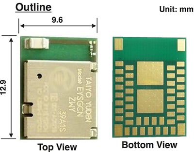Taiyo Yuden’s Bluetooth Smart module packs a pre-certified solution into a 12.9 by 9.6 mm package. Taiyo Yuden’s Bluetooth Smart module packs a pre-certified solution into a 12.9 by 9.6 mm package.