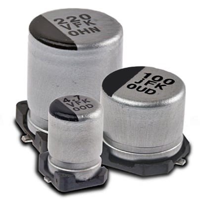 For lower-voltage, board-level designs, the CDE AFK Series features a maximum ESR that ranges from 1.350 Ω down to 0.033 Ω (at 100 kHz and 20˚C.) It also has a high tolerance for cold, with an operating temperature range of -55˚C to 105˚C. (Image courtesy of Cornell Dubilier Electronics) For lower-voltage, board-level designs, the CDE AFK Series features a maximum ESR that ranges from 1.350 Ω down to 0.033 Ω (at 100 kHz and 20˚C.) It also has a high tolerance for cold, with an operating temperature range of -55˚C to 105˚C. (Image courtesy of Cornell Dubilier Electronics)
