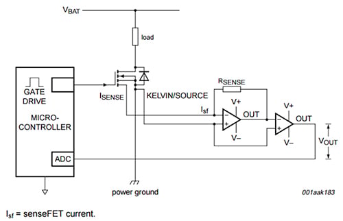 NXP Semiconductor current-sharing MOSFET to a system microcontroller Diagram of NXP Semiconductor current-sharing MOSFET to a system microcontroller