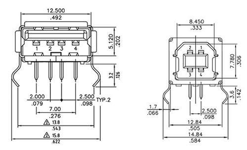 Different contact layouts of USB A and USB B Diagram of different contact layouts of USB A (left) and USB B