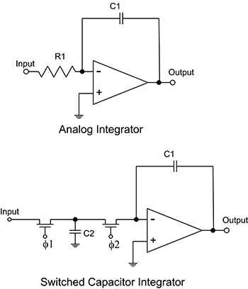 Switched capacitor replaces the resistor in an analog integrator El diagrama del capacitor conmutado reemplaza al resistor en un integrador analógico