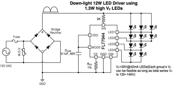 12 W, 120 VAC LED down-light using the ON Semiconductor FL77944 Diagram of 12 W, 120 VAC LED down-light using the ON Semiconductor FL77944