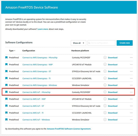 Amazon FreeRTOS software configuration page Image of Amazon FreeRTOS software configuration page
