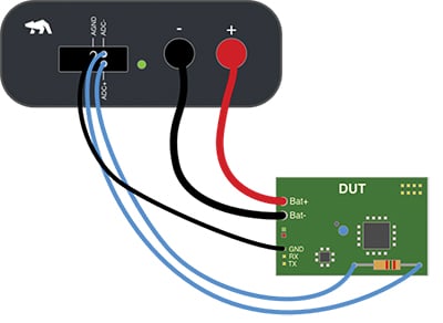 Otii Arc set up to record the system voltage and current Diagram of Otii Arc set up to record the system voltage and current