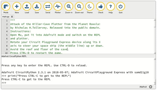 Adafruit's open source programming interface called Mu Imagen de la interfaz de programación de código abierto de Adafruit llamada Mu