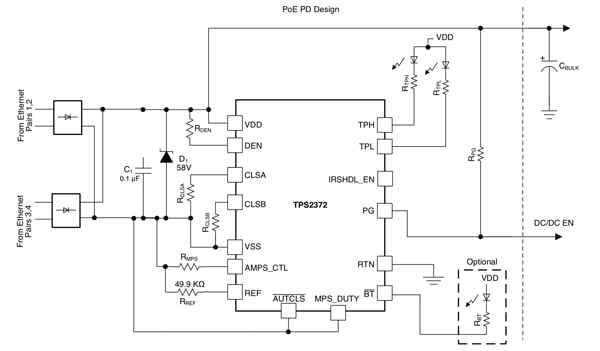 Texas Instruments TPS2372 High-Power PoE PD interface (click to enlarge) Diagrama de la interfaz de PD de la PoE de alta potencia TPS2372 de Texas Instruments (haga clic para ampliar)