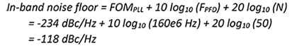 In-band noise floor = FOMPLL + 10 log10 (FPFD) + 20 log10 (N) = -234 dBc/Hz + 10 log10 (160e6 Hz) + 20 log10 (50) = -118 dBc/Hz Equation 4