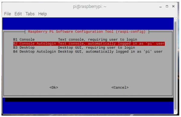 Option B2 will boot the Pi into the command line Option B2 will boot the Pi into the command line