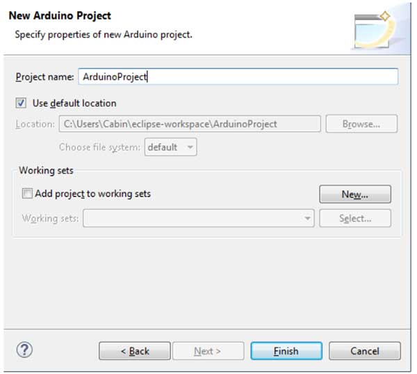 For now, we will call our project “ArduinoProject” and leave the location as its default. For now, we will call our project “ArduinoProject” and leave the location as its default.
