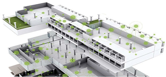 Image of wireless mesh networking connecting Bluetooth throughout large buildings
