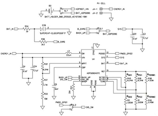 The energy harvesting circuit for Analog Devices' ADP5090 power manager