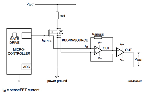Diagram of NXP Semiconductor current-sharing MOSFET to a system microcontroller