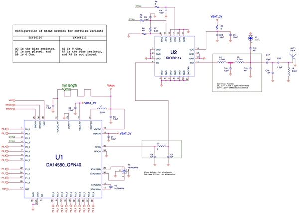 Diagram of Dialog Semiconductor Bluetooth transceiver RF I/O pin connection to the FEM (click for full-size)