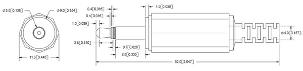 Image of dimensions for a 3.5 mm audio plug