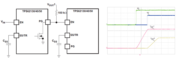 Diagram of multiple TPS82130 units configured for sequential timing