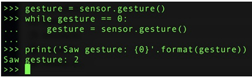 Image of example gesture output result from the Adafruit APDS-9960 CircuitPython library