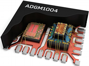Imagen del IC de unidad ADGM1004 de Analog Devices (izquierda) y el molde del interruptor MEMS (derecha)