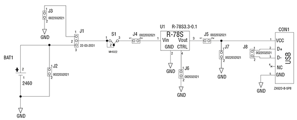 Diagram of RECOM R-78SS.3-0.1-EVM-1 evaluation board schematic (click to enlarge)
