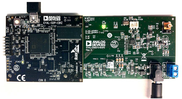 Imagen de la placa de evaluación EVAL-CN0272-SDPZ de Analog Devices conectada a la placa EVAL-SDP-CB1Z SDP-B