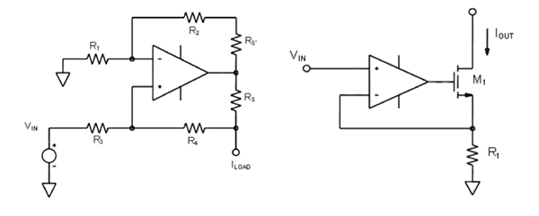 Diagram of op amp (left) and op amp with MOSFET output boost (right)