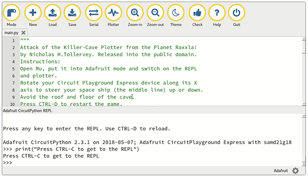 Imagen de la interfaz de programación de código abierto de Adafruit llamada Mu