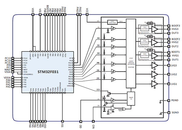 Diagram of STMicroelectronics STM32F060x integrates an STM32F031 Arm Cortex-M0 (click to enlarge)