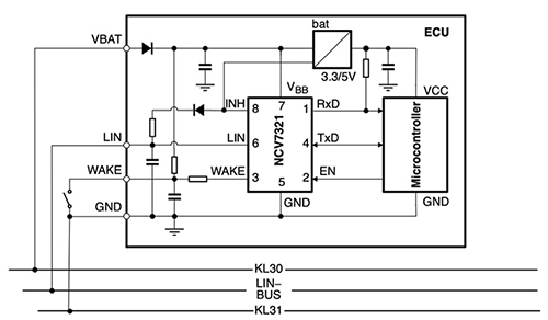 Esquema de aplicación del transceptor LIN NCV7321D12R2G de ON Semiconductor