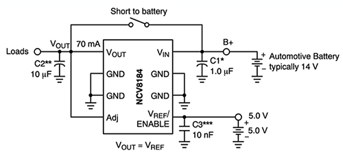 El diagrama de NCV8184DR2G de ON Semiconductor es una opción de menor costo para la regulación del voltaje de la BCU.