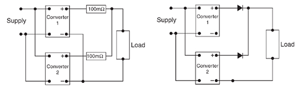 Diagram of current-sharing resistors (left) or isolation diodes (right)