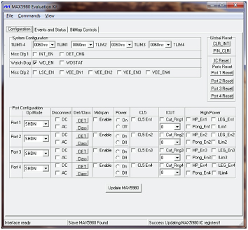 Imagen del kit de evaluación MAX5980 de Maxim y el software compatible con PC