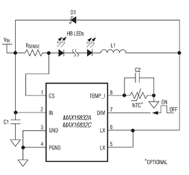 Imagen del circuito de aplicación del controlador de LED de alto brillo MAX16832 de Maxim