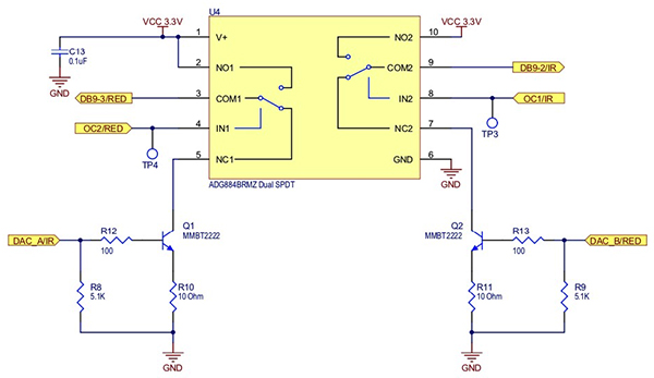 Diagram of an analog switch enables drive current to red and IR LEDs