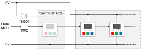 Diagram of “sacrificial” NeoPixel can be coerced to act in the role of a voltage level converter