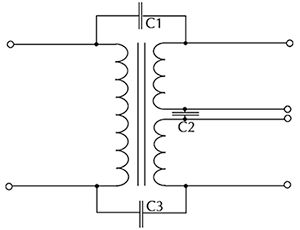 Diagram of transformer model shows windings and core only