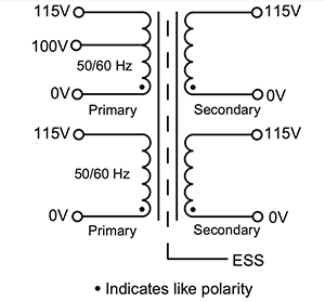 Diagram of multiple-tap, split primary and secondary windings of the Signal Transformer HPI-35