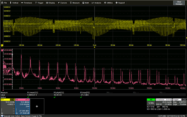 Image of power integrity measurement on a 5 volt bus for a daughter card (click to enlarge)