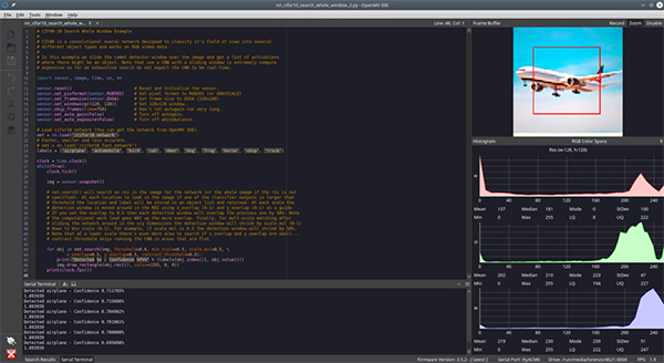 Image of OpenMV IDE camera running a CNN network for the CIFAR-10 (click to enlarge)