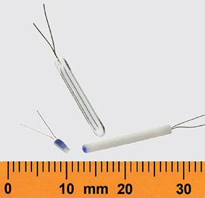 Image of RTDs use (left to right) thin-film, glass, and ceramic fabrication techniques