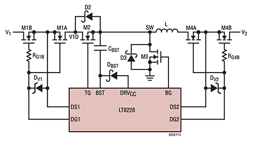 Diagram of Linear Technology LT8228 requires six external N-channel MOSFETs