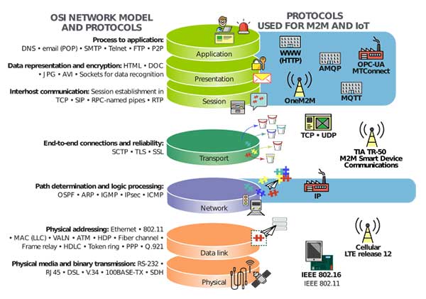 Image of various networking protocols organized according to the taxonomy of the OSI standard