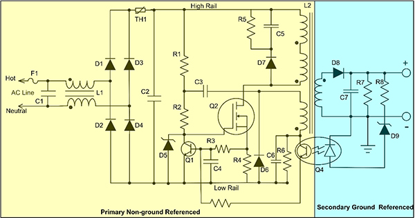 Schematic of an SMPS showing circuit areas that are ground referenced