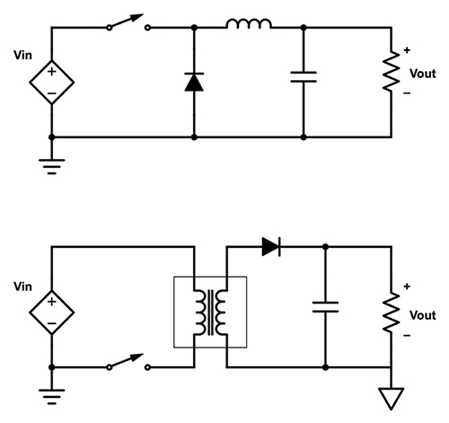 Diagram of non-isolated DC-DC converter (top) compared with an isolated version (bottom)