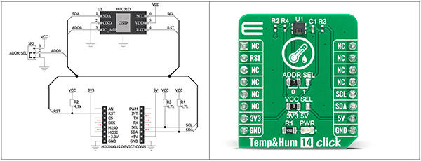 Image of MikroElektronika Temp & Hum 14 Click board and design schematic (click to enlarge)