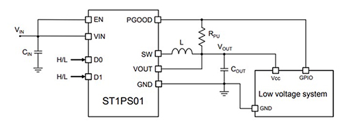 Diagram of STMicroelectronics ST1PS01 synchronous buck application circuit