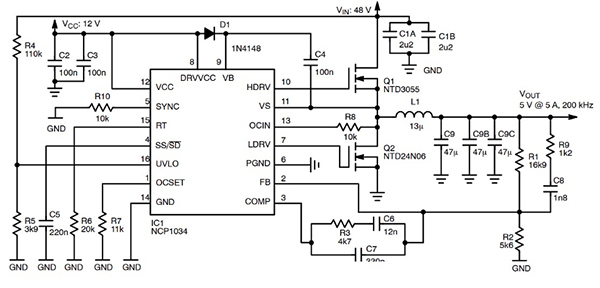 Diagram of application circuit for the ON Semiconductor NCP1036 synchronous buck controller IC (click to enlarge)